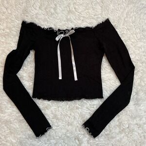 Sugarkiss Black Off Shoulder Lettuce Trim Ribbed Crop Top Long Sleeve S